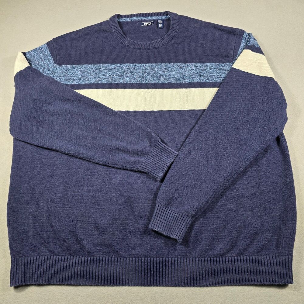 IZOD Men's 3XLT Navy Blue Color Block Crewneck Pullover Knit Sweater Long Sleeve